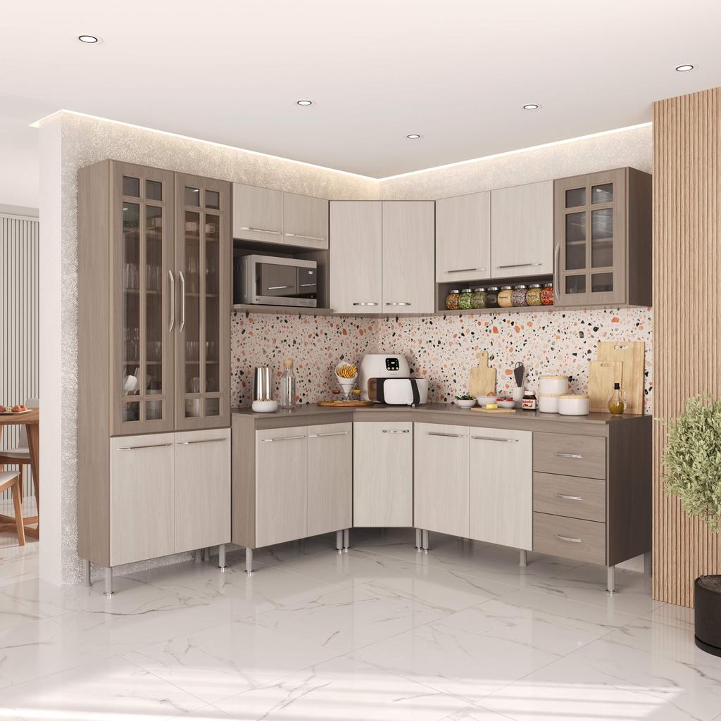 Cozinha Modulada Completa Fidelitá Paris 7 Peças 410cm 16 Portas 3 Gavetas Com Tampo Nogal/Salinas em Oferta na Shopee