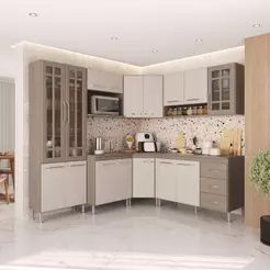 Cozinha Modulada Completa Fidelitá Paris 7 Peças 410cm 16 Portas 3 Gavetas Com Tampo Nogal/Salinas
