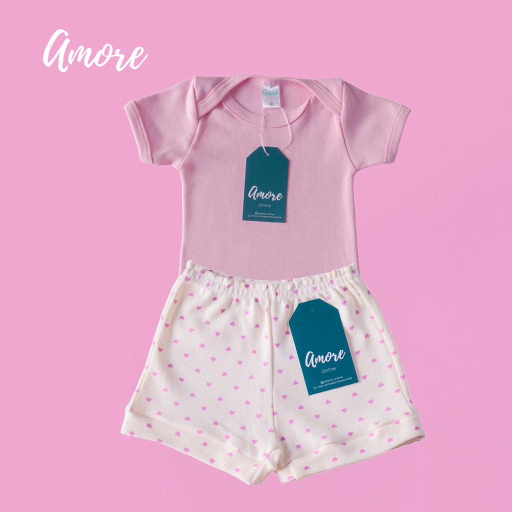 Conjunto Body Manga Curta Amore Rosa e Short Coração 100% Algodão