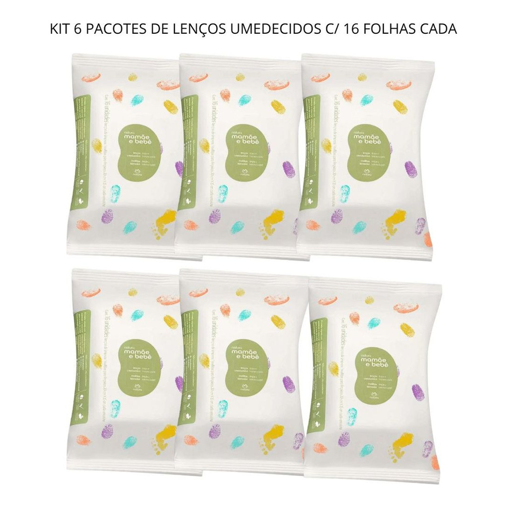 Kit Lenços Umedecidos Mamãe Bebê 6 Pacotes (16 Folhas Cada)