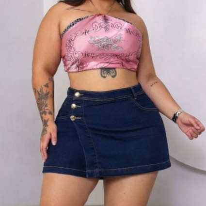 Shorts Saia Jeans Plus Size Feminino com Lycra Cintura Alta Modeladora
