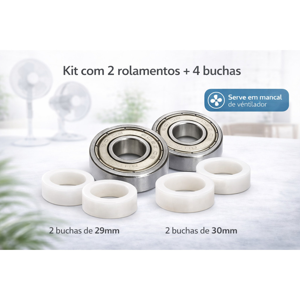 Kit Salva Ventilador 2 Rolamentos 608ZZ + 4 Calços: 2 Calço 29mm E 2 Calço 30mm Suporte Mancal Para Qualquer Ventilador