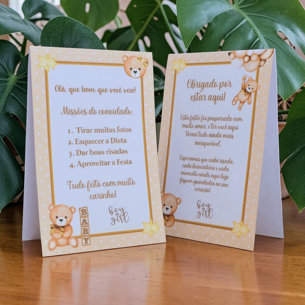 Até 30 Plaquinhas de mesa URSINHO DOURADO Chá Revelação Neutro - Centro de mesa Lembrancinha de festa infantil