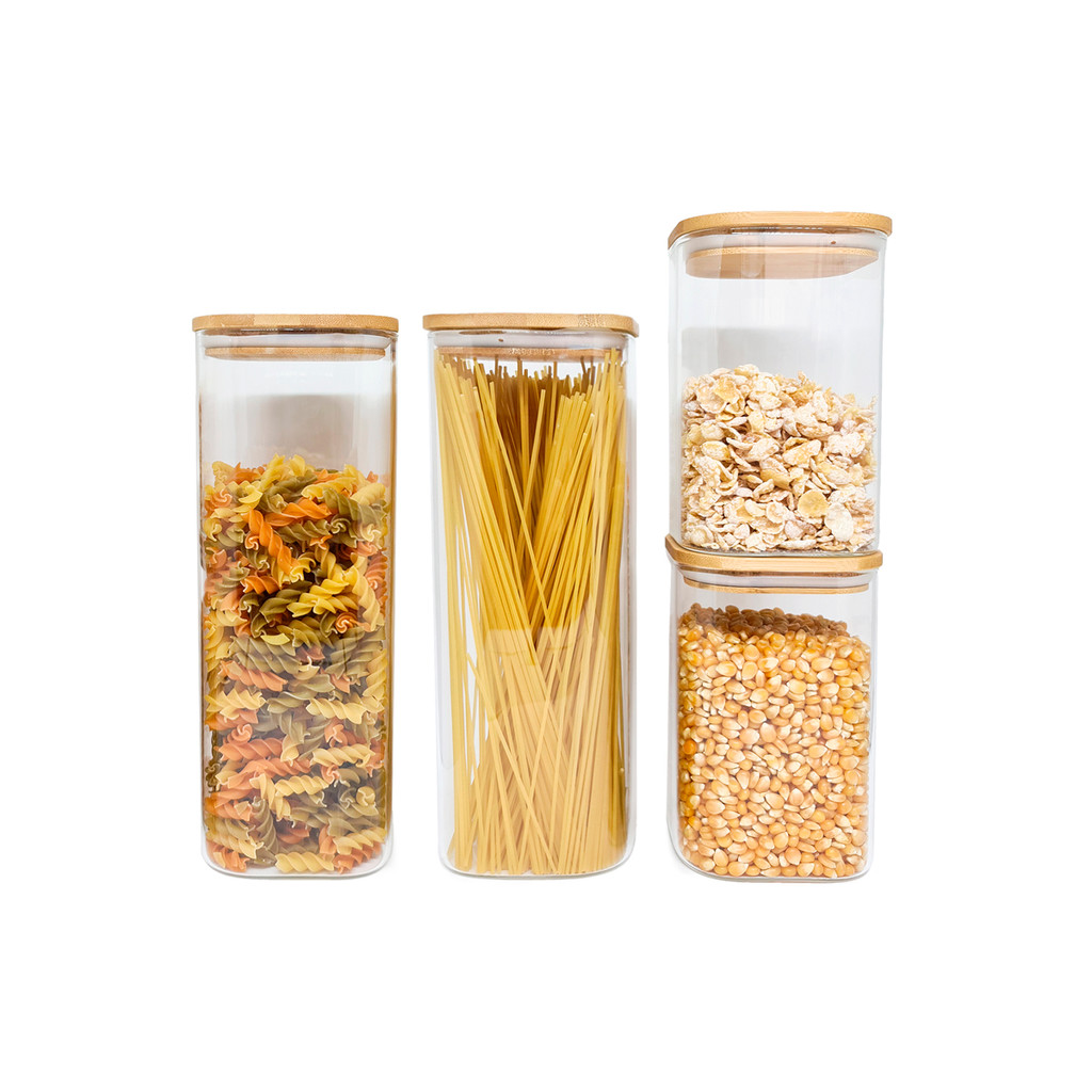 Potes de Mantimentos Quad 1900/1100ml C/Tampa Bambu - 4 Pçs Oikos em Oferta na Shopee