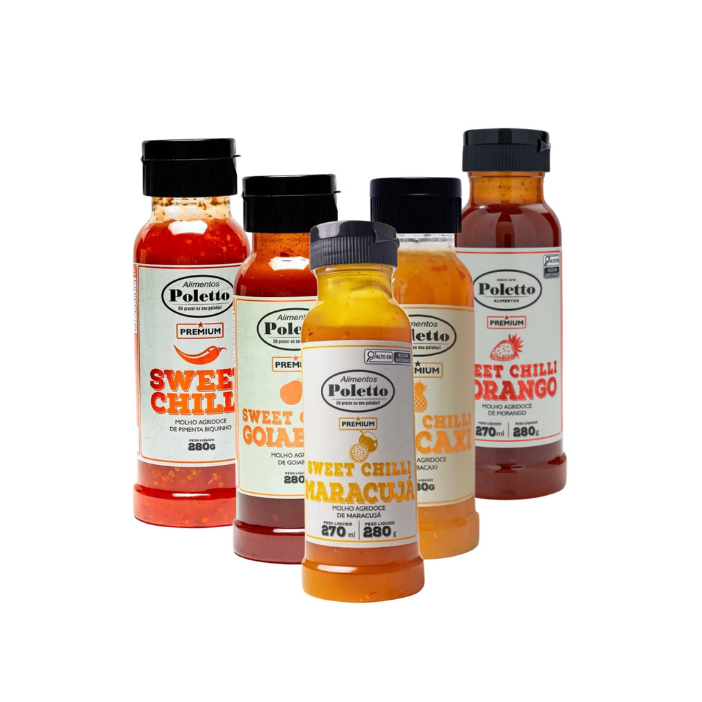 Kit 5 Molho Chilli Abacaxi Morango Maracujá Goiaba Churrasco