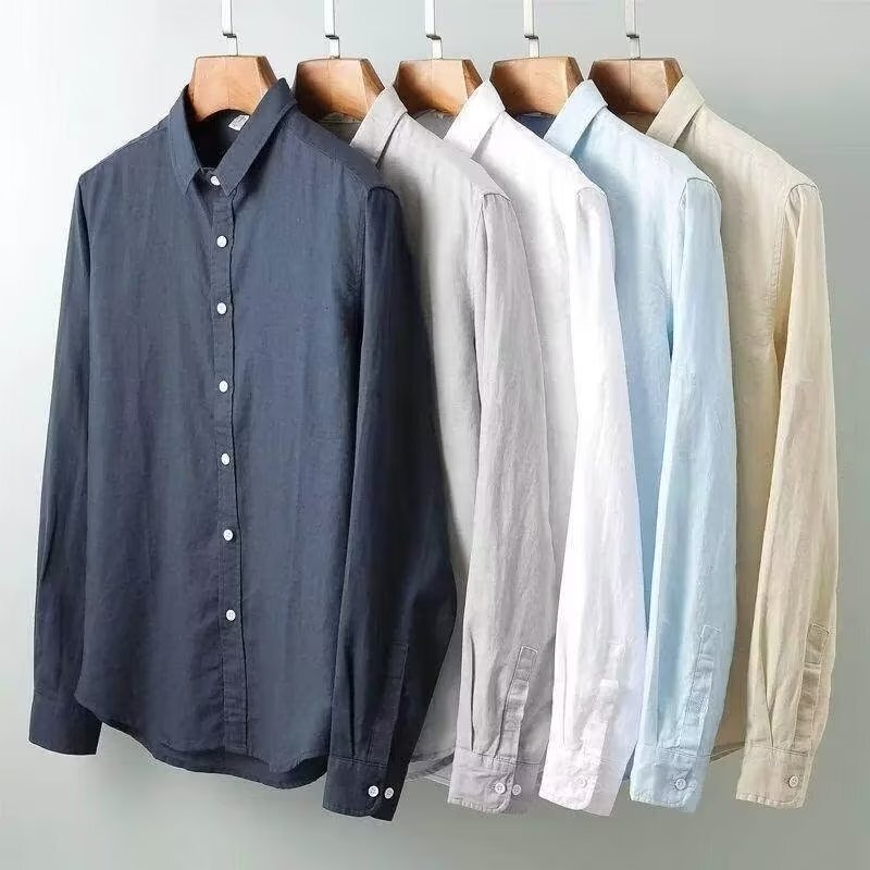 Camisa de linho masculina camisa de manga comprida Casual lapela cor sólida solta respirável camisa de linho masculina