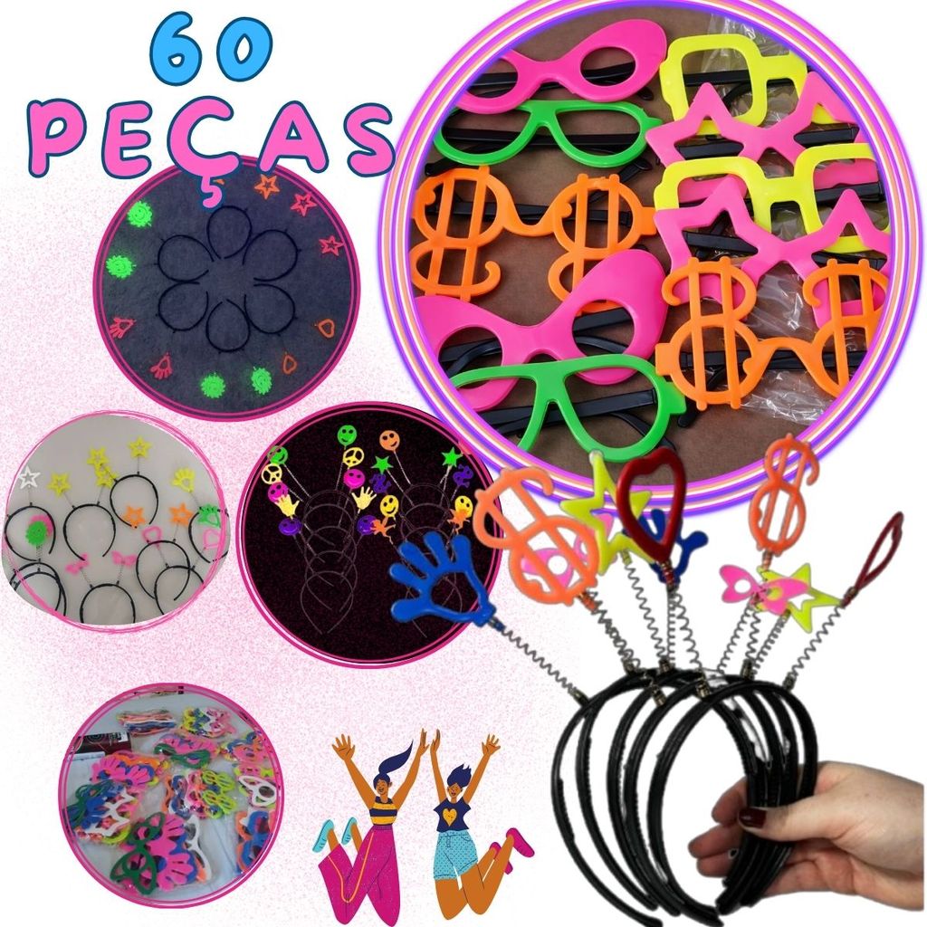 Kit 60 Peças - 30 Tiaras 30 óculos Neon Divertidos Sortidos Para Festa Balada Casamento Aniversario Confraternizacao
