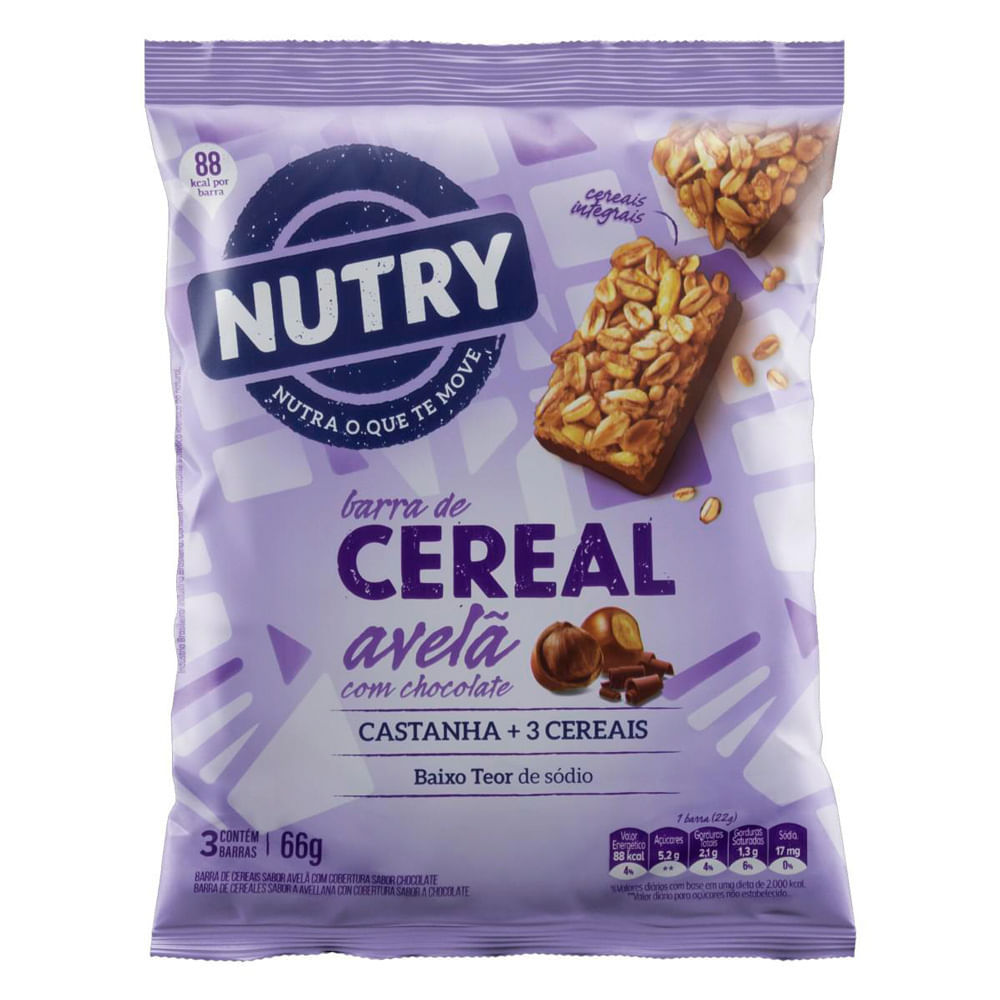 Barra de Cereal Nutry Avelã com Chocolate com 3 Unidades de 22g Cada em Oferta na Shopee
