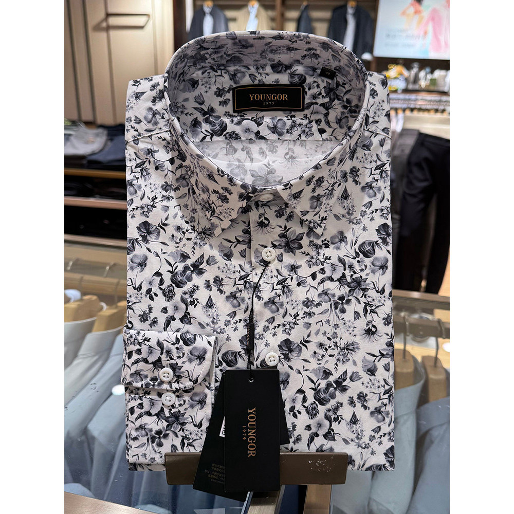 Camisa masculina de manga comprida Yagoer Roupas completas de algodão lavado elastano Micro-elástico estampado camisa ju