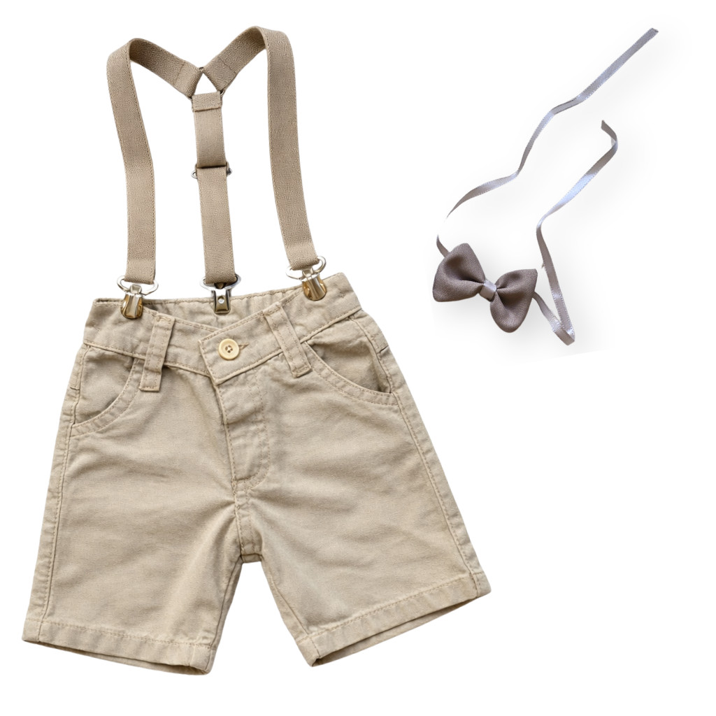 Bermuda Infantil com Suspensório e Gravata Colorida Conjunto Social e Temático para Menino Look Completo Festa