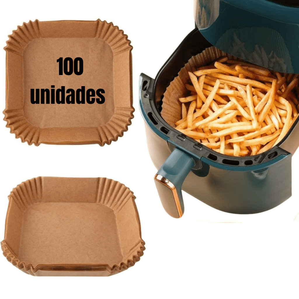 Kit 100 forma quadrada descartável para fritadeira air fryer em papel antiaderente