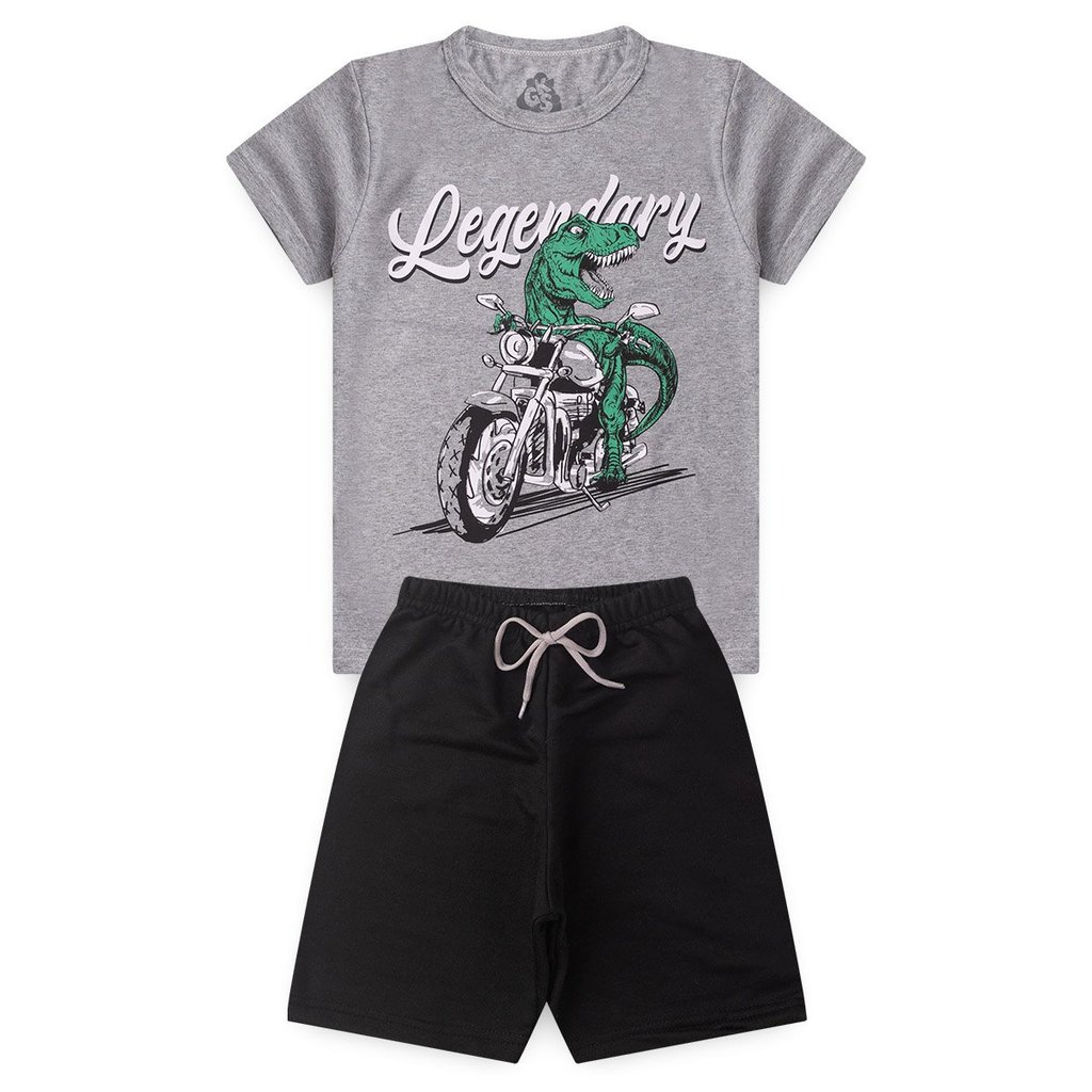 Conjunto Infantil Juvenil Verão Roupa Menino Camiseta Dinossauro e Bermuda Moletinho Confortável - Conjunto Masculino