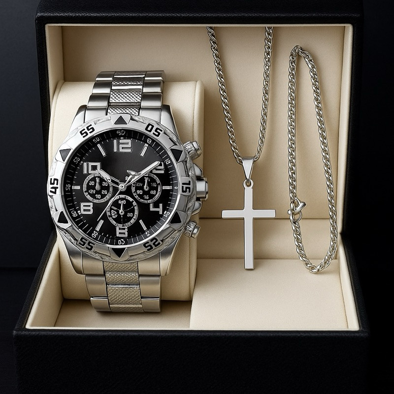 Relógio Masculino Aço Inox Resistente com Corrente e Pulseira em Oferta na Shopee