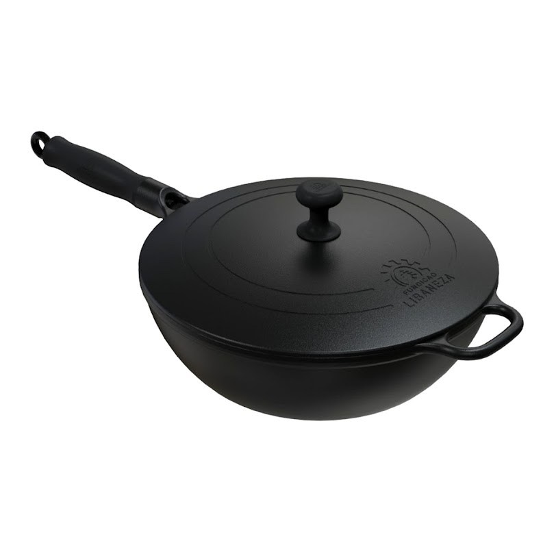 Panela Wok em Ferro Fundido com  cabo Silicone Preto