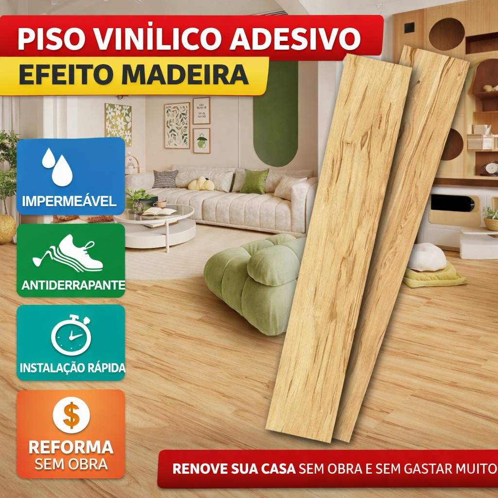 Piso Adesivo Vinílico Efeito Madeira Impermeável Antiderrapante Revestimento Decorativo Fácil Instalação