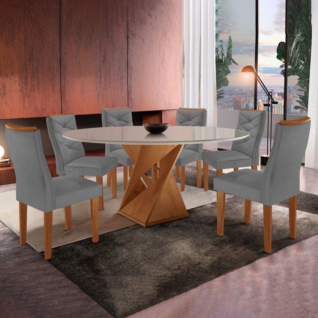 Conjunto Sala de Jantar 6 Lugares Redonda Tampo 120cm Vidro/MDF Mesa e Cadeiras Barcelona Yescasa Cinza/Cinamomo/Off