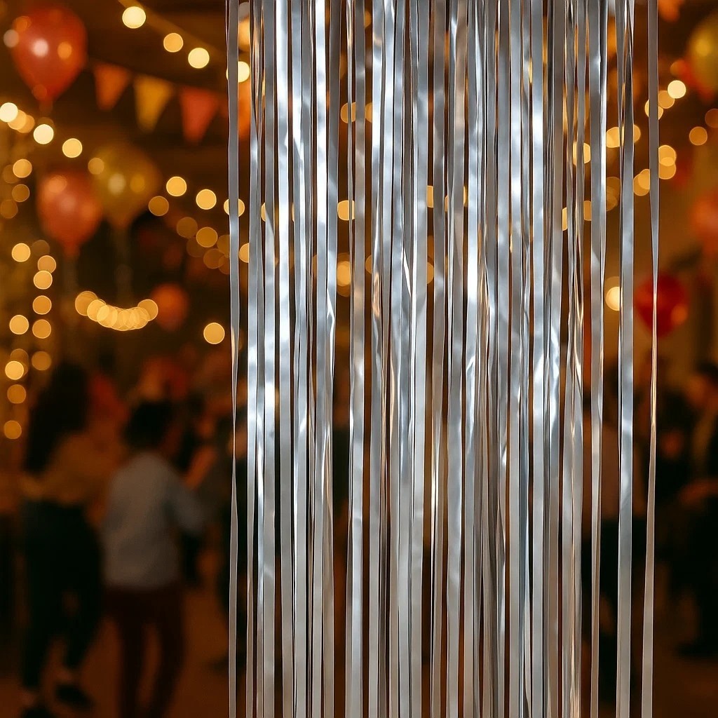 Cortina Fitas Metalizadas Decorativa Festa Evento Brilho Prateado Balões Decoração Achadinhos