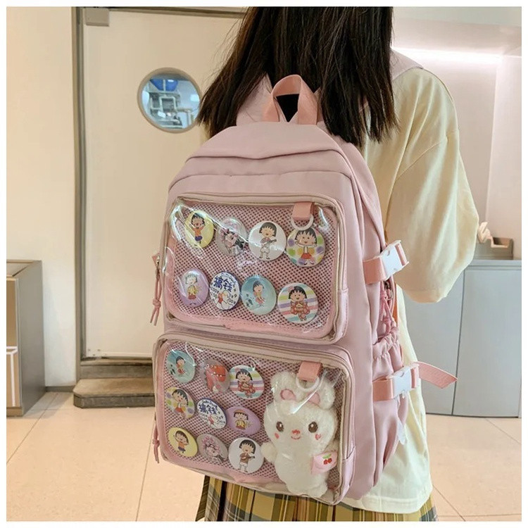 42741 Mochila Escolar Grande para Meninas, Mochila de Nylon Kawaii para Mulheres, Mochila Rosa Transparente com Grande C