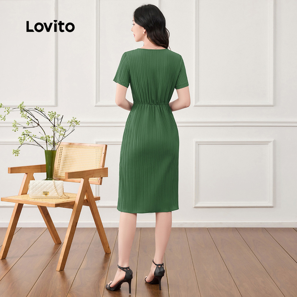 Lovito Plissada Elegante Dress Verde Com Botões Frontais Para Férias Na Primavera/verão Vestido Para Mulheres L164LD080 · foto 2