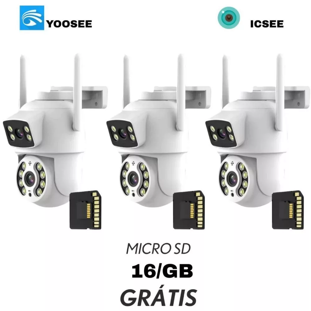 KIT3 Câmera De Segurança Lente Dupla IP66 Wi-Fi 360° Sensor Movimento Visão Noturna+MICROSD 16GB