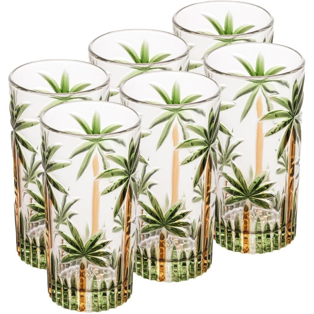 Jogo de Copos Palm Tree Longos de Cristal 6 Peças Palmeira Verde Pintura à Mão 350 ml em Oferta na Shopee