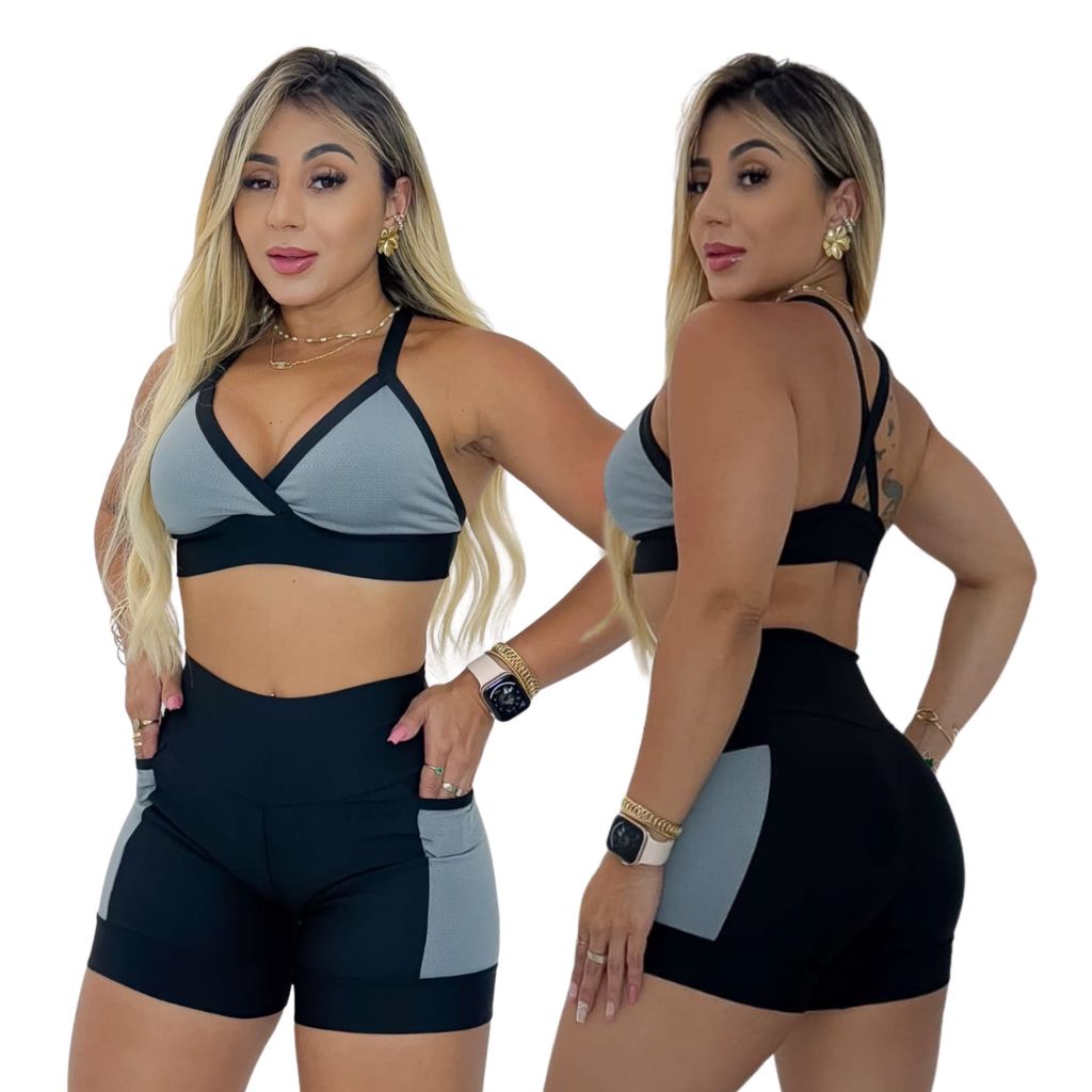 Conjunto Feminino Academia Top Short com Bolso Fitness