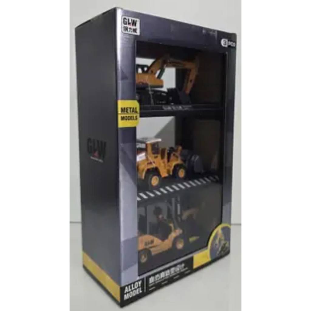 Kit Brinquedo 3 Miniatura Construção Civil Escavadeira Trator Empilhadeira