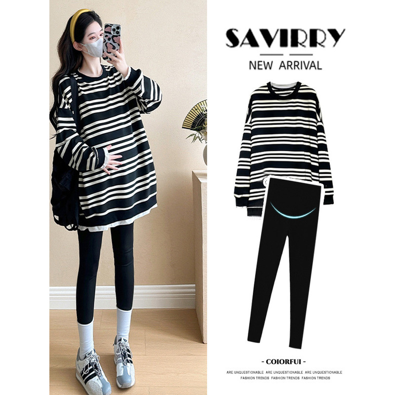 Roupa de maternidade primavera outono terno 2026 tamanho grande moda listrado topo tubarão calças usar inverno solto mol