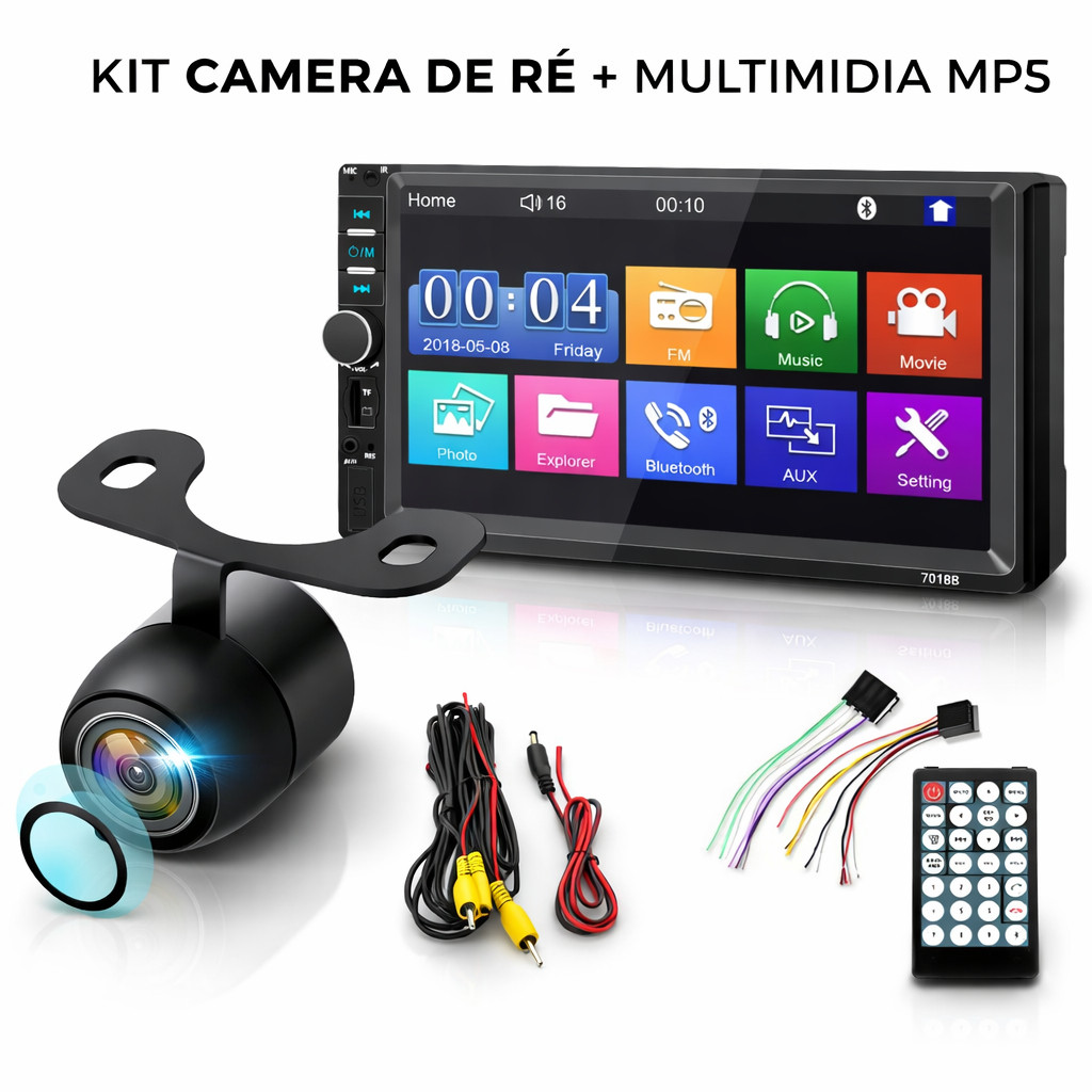 Kit Câmera de Ré + Multimídia MP5 7″ Bluetooth Espelhamento USB SD Aux Universal Carro