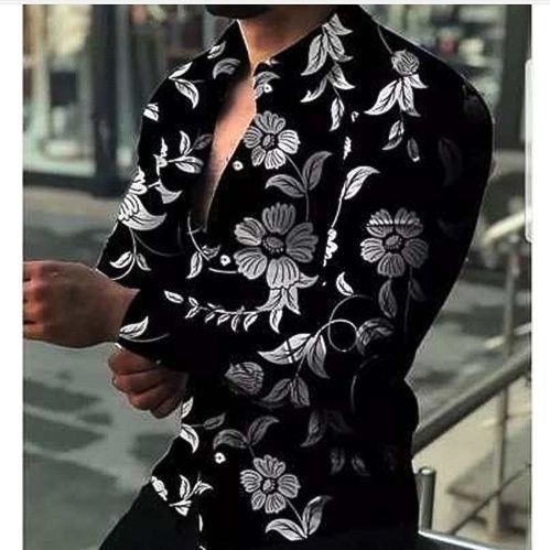 Camisa masculina Casual de manga comprida com estampa Digital, camisa Slim Fit sem ferro, roupas masculinas