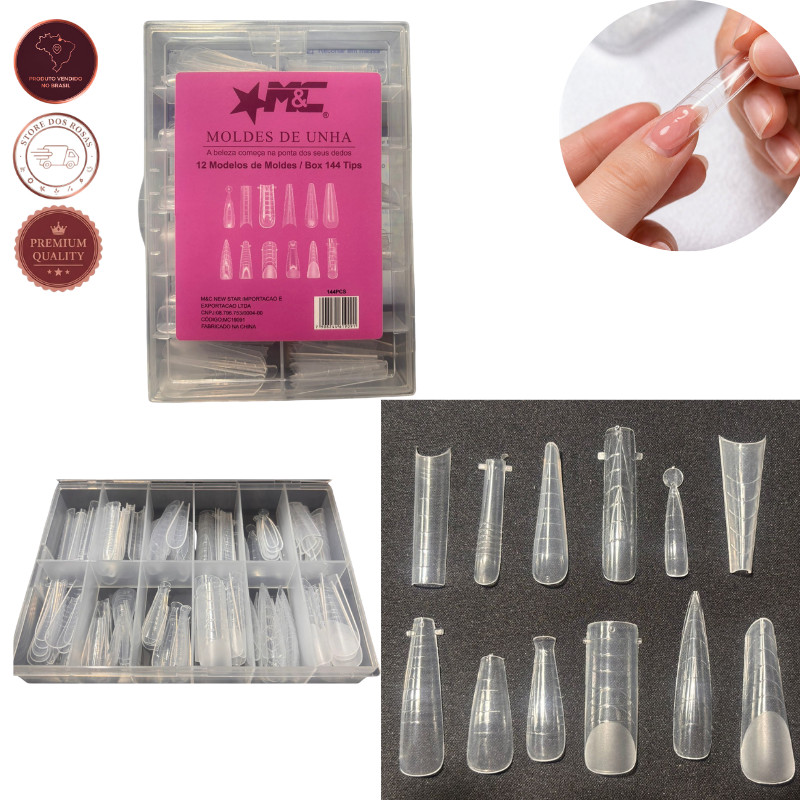 Kit 144 Moldes F1 para Alongamento de Unhas – 12 Tamanhos Transparente M&C