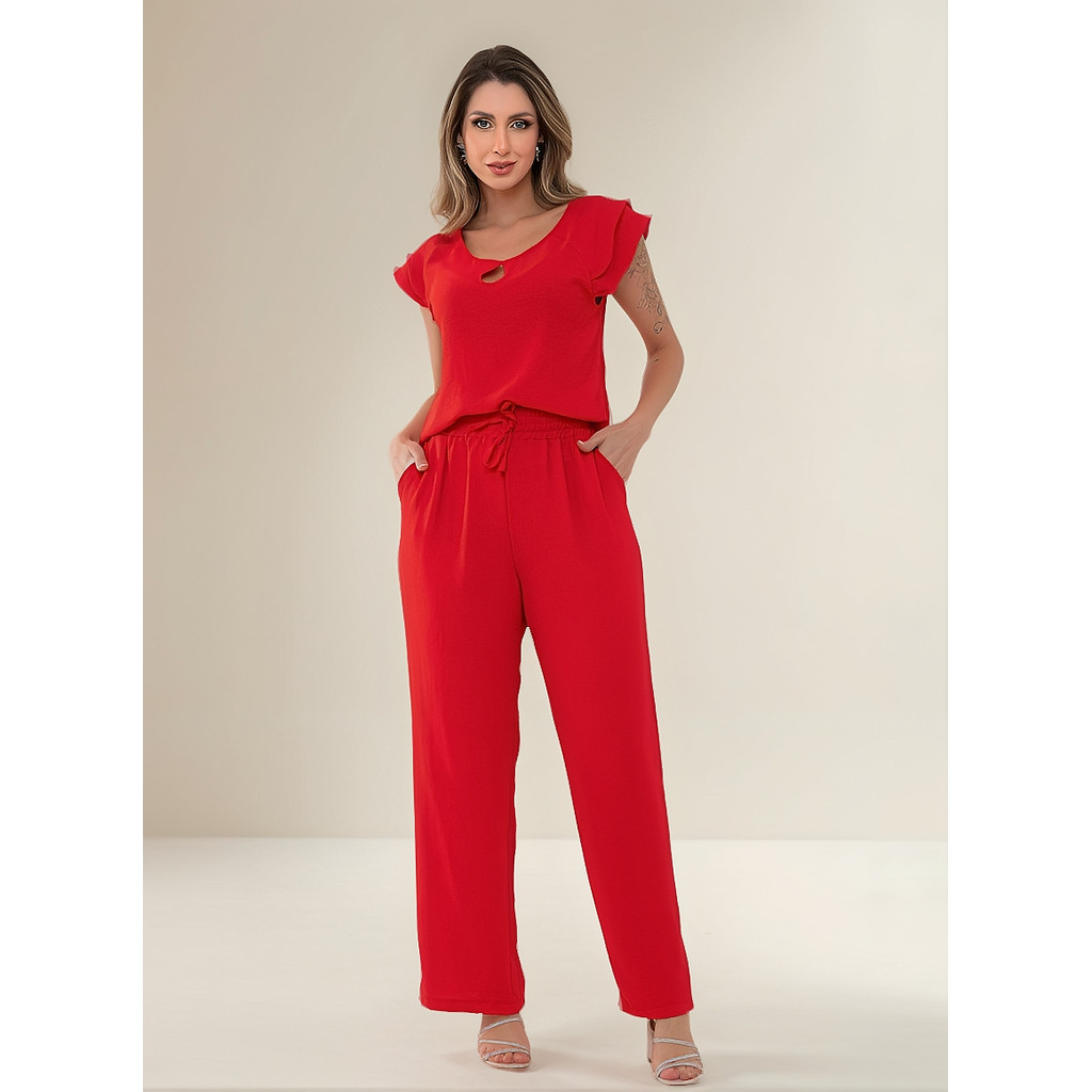Conjunto Feminino Casual Duna Blusa Babado Calça Com Bolsos