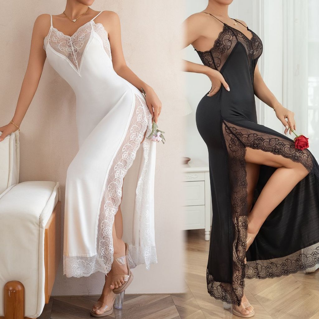 Vestido sensual preto e branco para casa, roupa de dormir erótica com fenda lateral alta e acabamento em renda.
