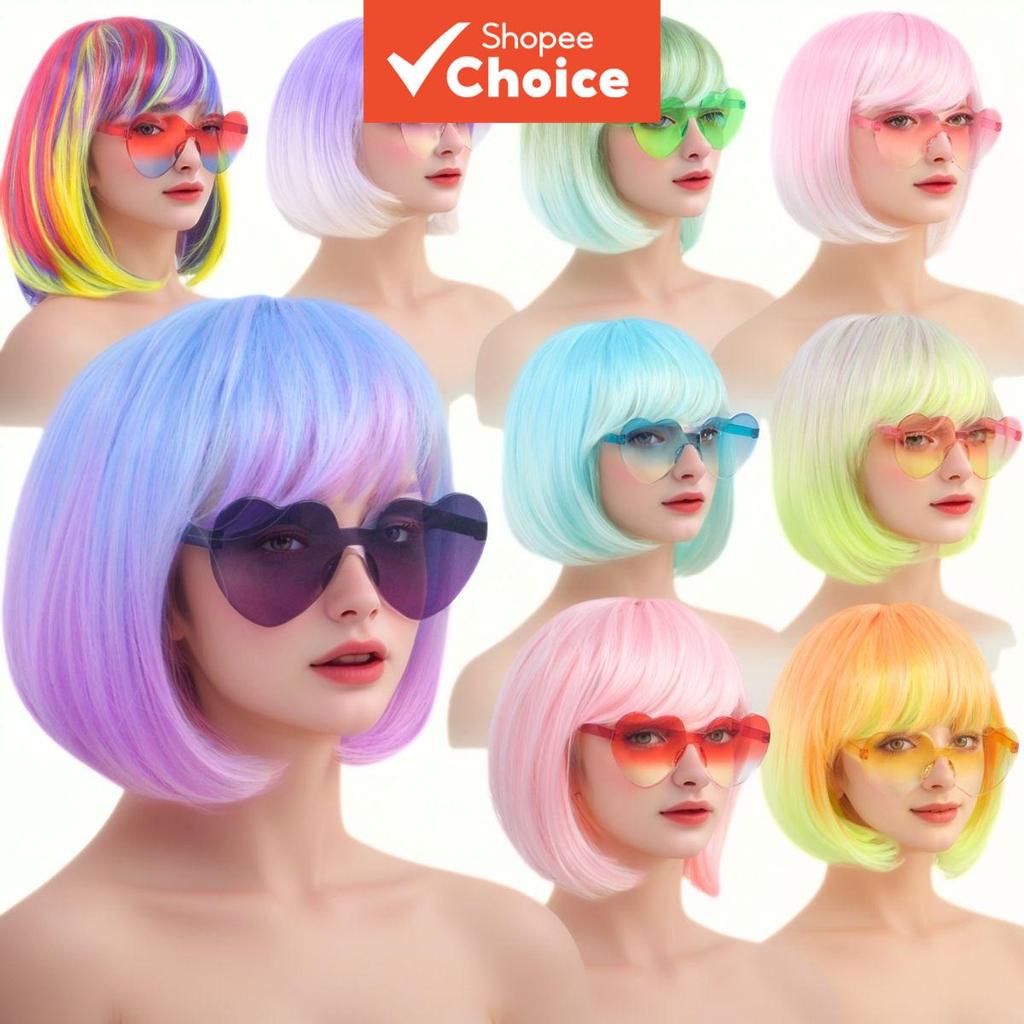  Peruca Curta Sintética Colorida em Degradê com Franja Lateral, em Rosa/Azul/Roxo/Verde, para Cosplay e Uso Diário