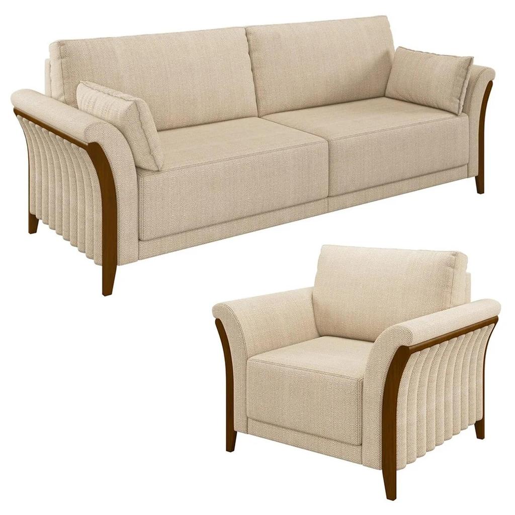 Kit Sofá Living 3 Lugares e Poltrona 102cm Pés Madeira Roya M22 Linho Champanhe - Mpozenato