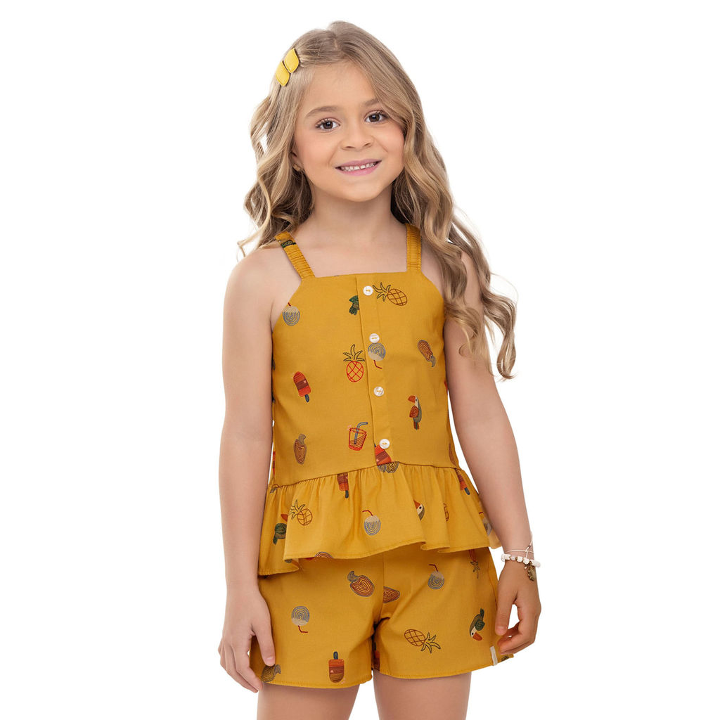 Conjunto Infantil Menina Tropical Babados Elian Amarelo