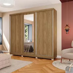 Guarda-Roupa Casal 100% MDF Kappesberg c/Pés e 3 Espelhos 3 Portas de Correr 8 Gavetas Nogueira