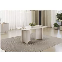 Mesa de Sala Jantar Liz c/ Tampo Madeirado c/ Vidro Curvo 180x100cm Off White/Off White - DJ Móveis