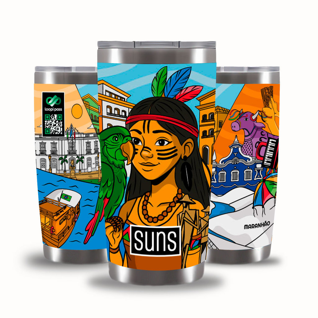 Copo Térmico Bebida Inox 591ml SUNS Lençóis Maranhenses Tampa Gelado Bar Presente Viagem