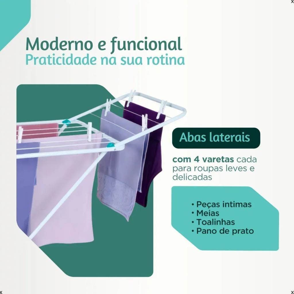 varal de chão reforçado com abas dobrável retrátil slim 1.6m branco