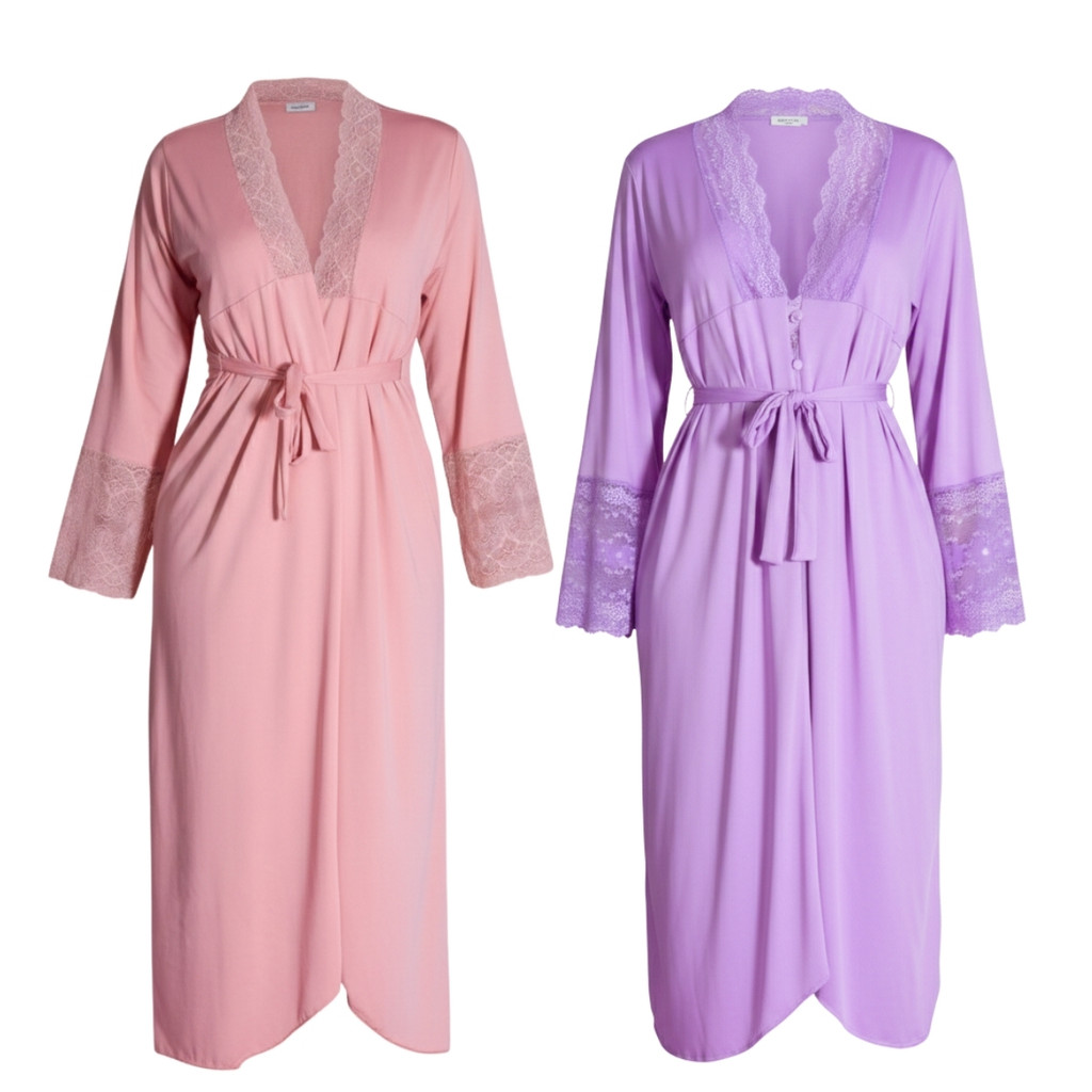 Kit 2 Robes Roupão Longo Roupa de Banho Com Elegante Romantic Lingerie Feminino Detalhes em Renda .