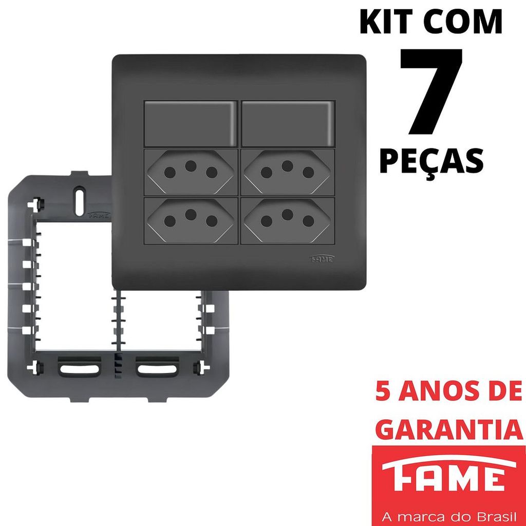 7un Interruptor Paralelo Three Way 10A 2 Teclas Tomada Padrão Quadrupla 2P+T 20A Com Placa 4X4 Habitat Black Preto FAME