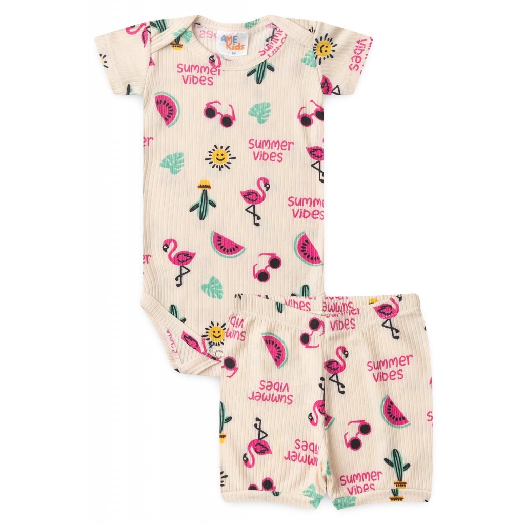 Conjunto Infantil Body e Shorts Canelado Light Estampado Curto