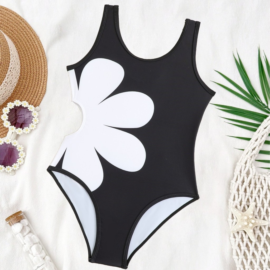 2026 estilo meninas maiô de uma peça menina praia maiô oco flor impressão maiô infantil