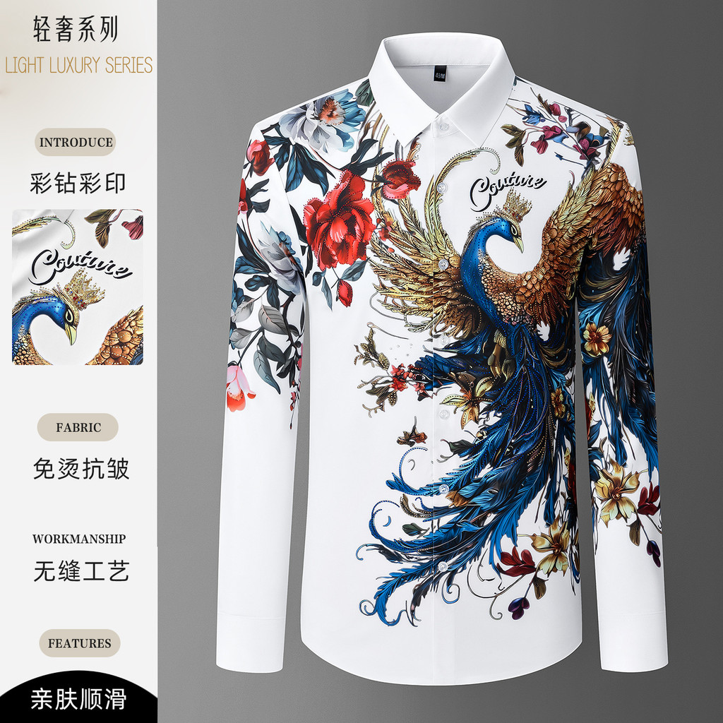 Camisa floral masculina high-End quente-stras camisa de manga comprida masculina não-ferro Anti-rugas camisa floral de a