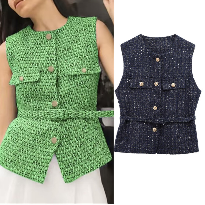 ZA Novo produto estilo mais vendido com colete texturizado com cinto2132728401