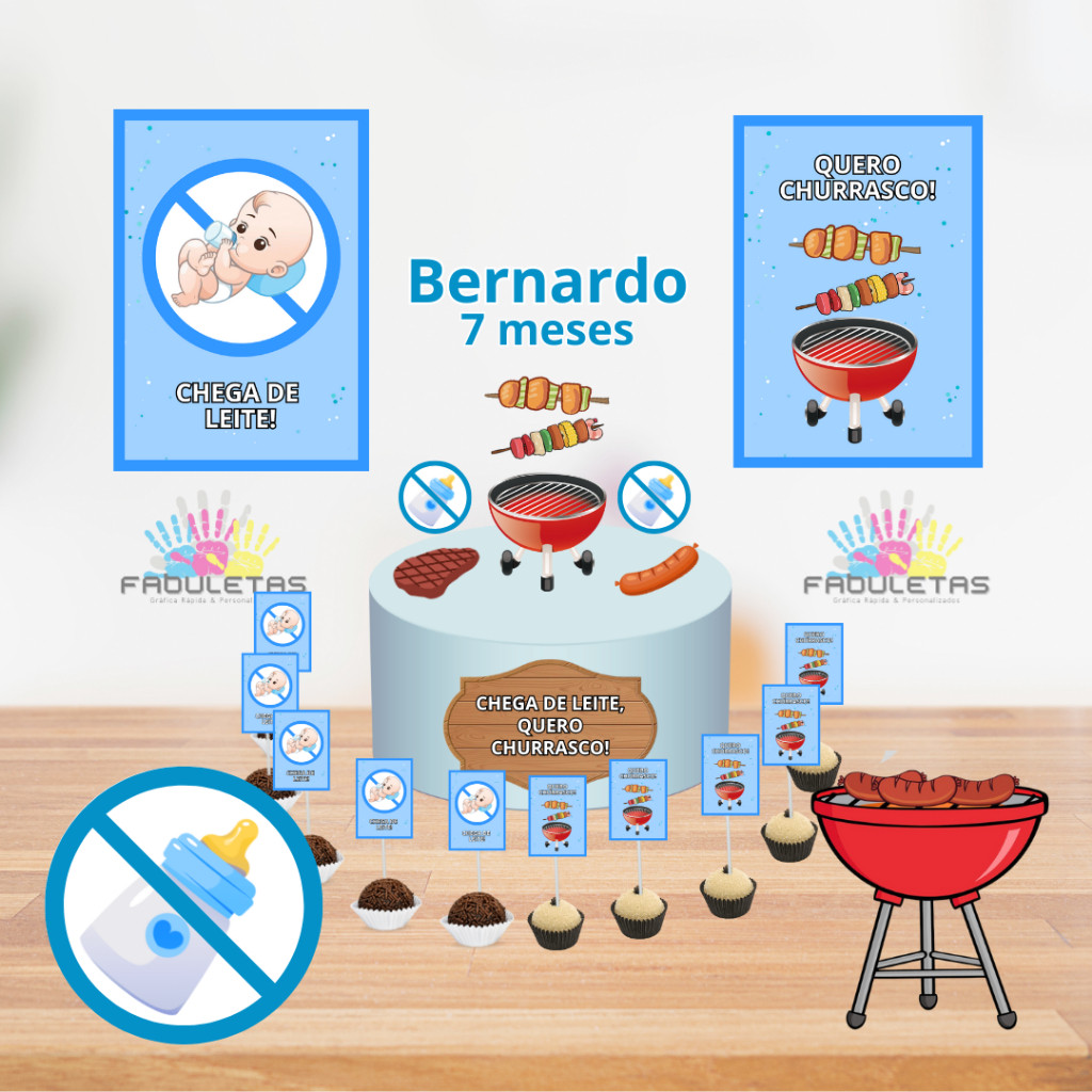 Kit Festa Só Um Bolinho CHEGA DE LEITE QUERO CHURRASCO Enviar Nome/Idade IMEDIATAMENTE