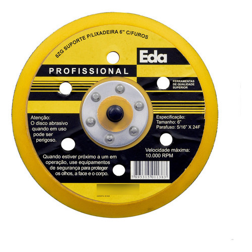 Disco Suporte Lixadeira Roto Orbital 6 Furos Velcro Prato 6 Preto E Amarelo Base de Lixadeira c/ Velcro Ventilado