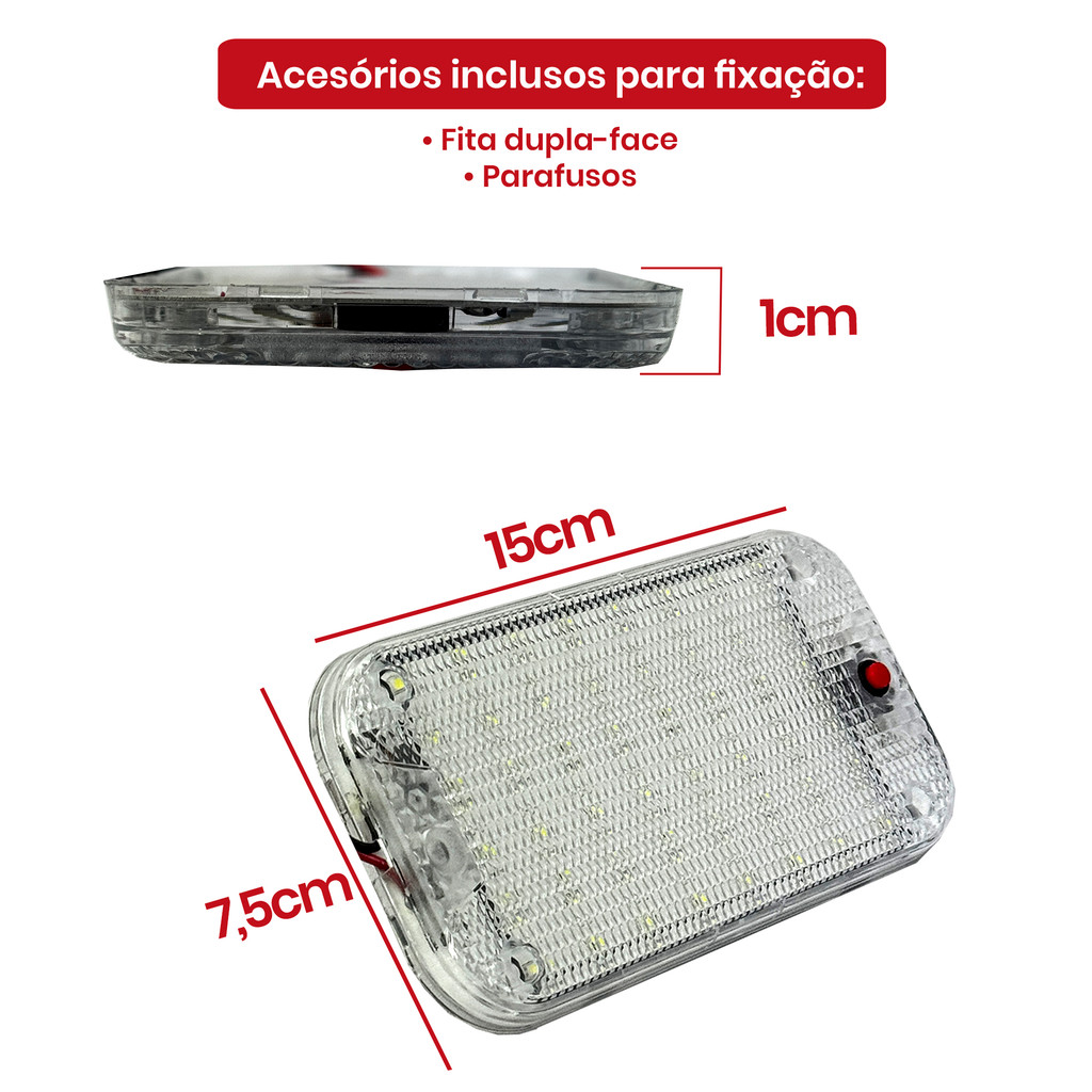 LUMINARIA LED BIVOLT RETANGULAR CABINE BRANCA UNIVERSAL 12-24V PARA CAMINHÃO CARRO TRAILER — imagem 2 de 2