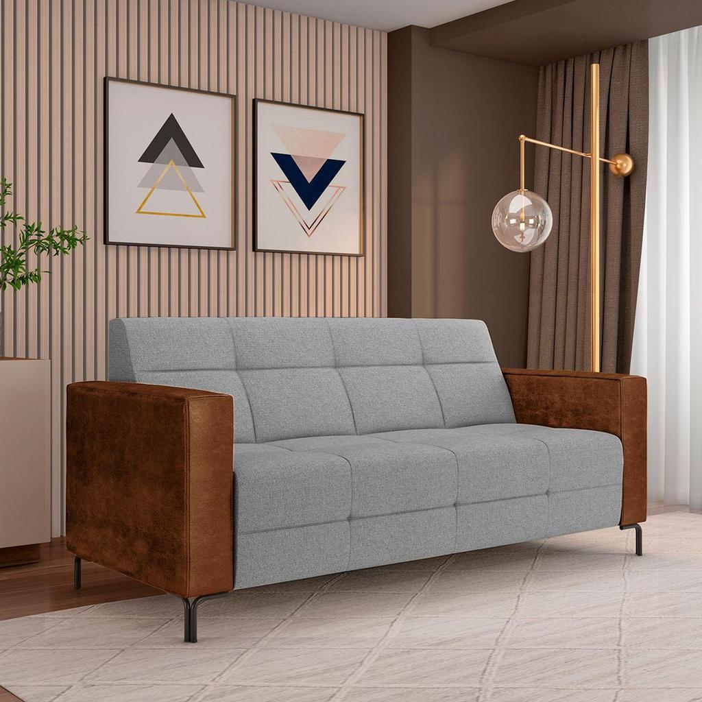 Imagem Sofá Living Decorativo Houston 2 Lugares 160cm Pés em Metal Linho/PU Cinza Escuro/ Marrom G33 - Gran Belo